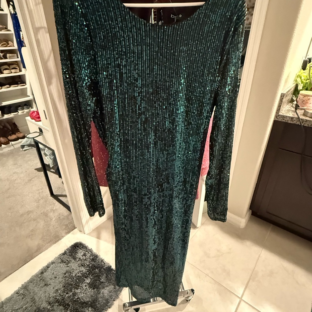 bebe Teal Sequin Long Sleeve Dress